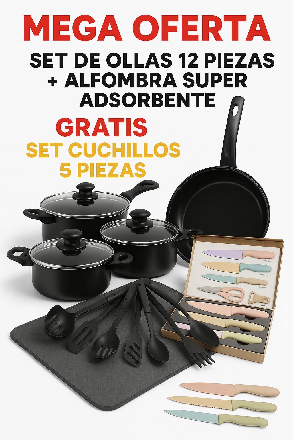 SET DE OLLA 12 PIEZAS + ALFONBRA PARA PLATOS SUPER ABSOBERTE | GRATIS SET DE 5 CUCHILLO PARA CHEF