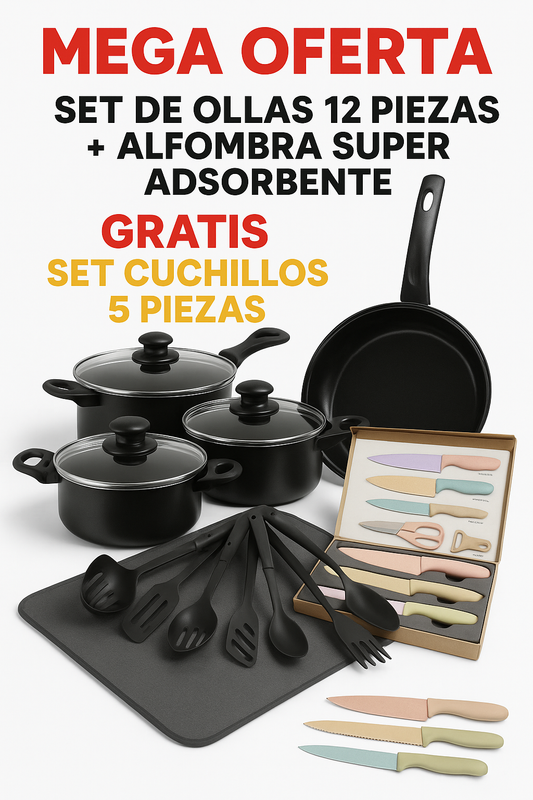 SET DE OLLA 12 PIEZAS + ALFONBRA PARA PLATOS SUPER ABSOBERTE | GRATIS SET DE 5 CUCHILLO PARA CHEF